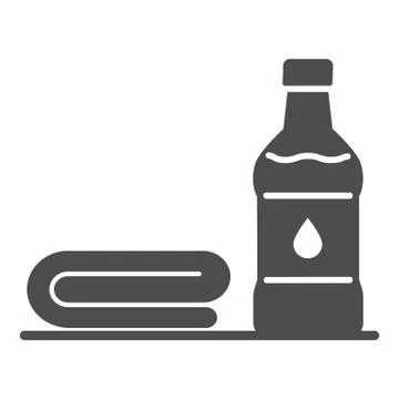 Towel and bottle with water solid icon, Gym concept, Sporting equipment sign on Stock Illustration