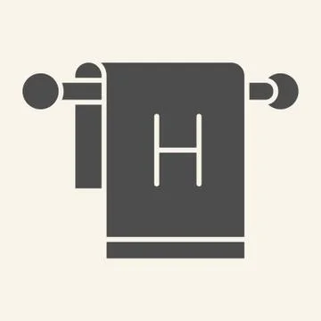 Towel on hanger solid icon. Bathroom towel with letter H symbol, glyph style Stock Illustration