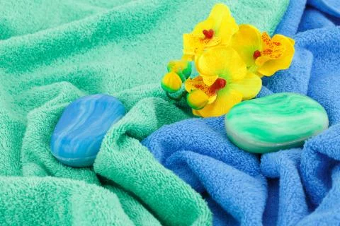 Towels and soaps Stock Photos
