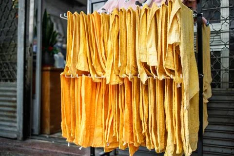 Towels Left to Dry Outside an Old Hairdresser Shop Stock Photos