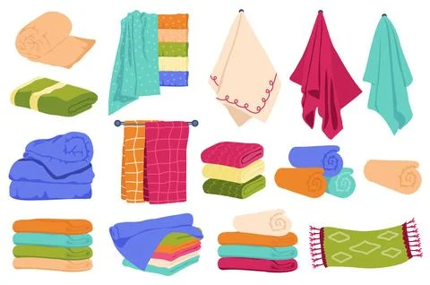 Towels set graphic elements in flat design. Bundle of colored towels and na.. Stock Illustration