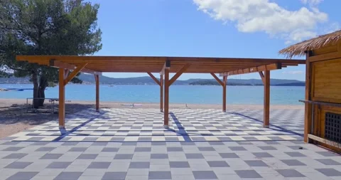 Towels without tourists on an empty beach. Summer 2020. Stock Footage 132729850