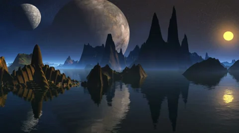 Tower of aliens and three moon Stock Footage 30368639