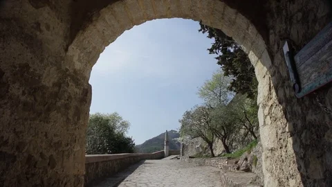 Tower along path to Santa Augusta Sanctuary, above Vittorio Veneto Stock Footage 77751242