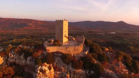 Tower Of Ancient Castle with small village revealed. Stock Footage 82400683