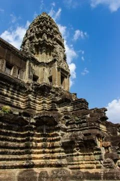 Tower and blue sky inside of Angkor Wat temple Stock Photos