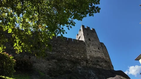 Tower and fortification of medieval castle, in Corenno Plinio, Italy Stock Footage 318313352