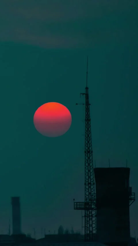 Tower and industrial structures next to a large glowing red sun at sunrise Stock Footage 347864780