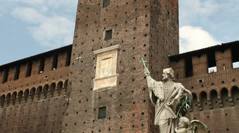 Tower and statue in Sforza Castle in Milan Stock Footage