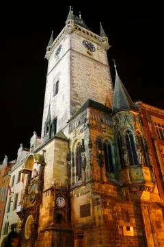 Tower with astronomical clock at prague city, czech republic Stock Photos