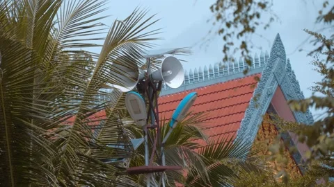 A tower with attached megaphones, solar panel and a street light hide in palm Stock Footage 318724511