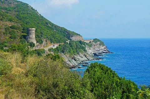 Tower of Bones on the D80 road north of Marina di Sisco, Corsica, France Stock Photos