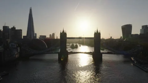Tower Bridge aerial view at sunset, London skyline and River Thames Video stock 329183417