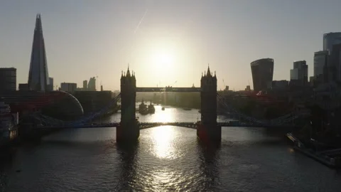 Tower Bridge aerial view at sunset, London skyline and River Thames Video stock 329183679