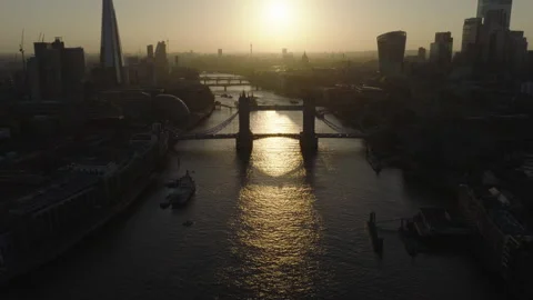 Tower Bridge aerial view at sunset, London skyline and River Thames Video stock 329184605