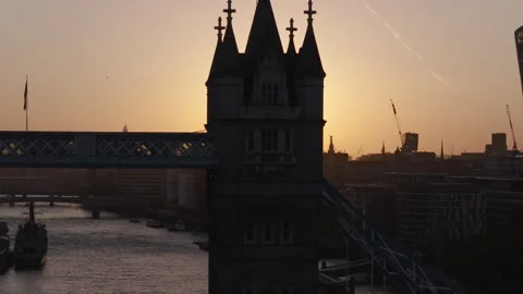 Tower Bridge aerial view at sunset, London skyline and River Thames Stock Footage 329185042