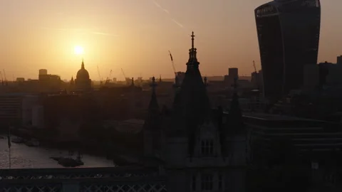 Tower Bridge aerial view at sunset, London skyline and River Thames Video stock 329185364