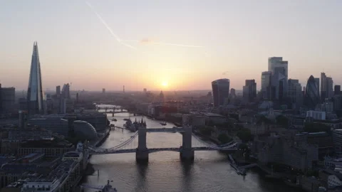 Tower Bridge aerial view at sunset, London skyline and River Thames Video stock 329186130