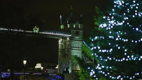 Tower Bridge and a Christmas tree, at night Stock Footage 217081007