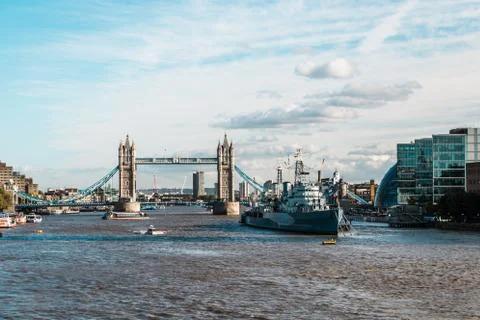 Tower bridge and the Hms Belfast Warship in London Stock Photos
