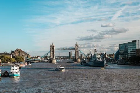 Tower bridge and the Hms Belfast Warship in London Stock Photos