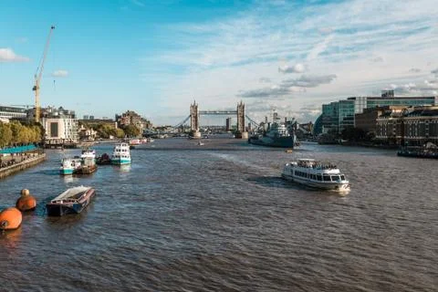 Tower bridge and the Hms Belfast Warship in London Stock Photos