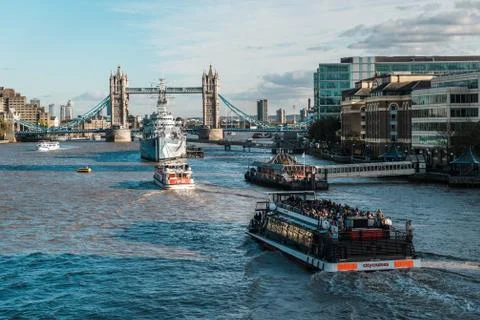Tower bridge and the Hms Belfast Warship in London Stock Photos