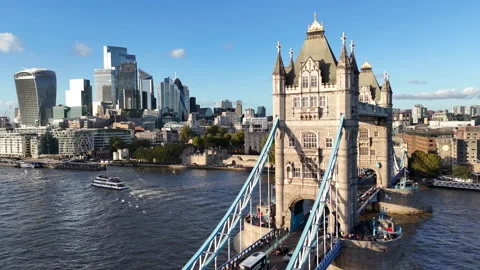 Tower Bridge and Modern Skyline of London at Sunset Stock Footage 346092941