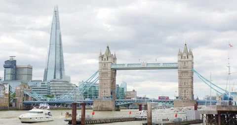 Tower Bridge and The Shard on a cloudy day, London Stock Footage 271229015