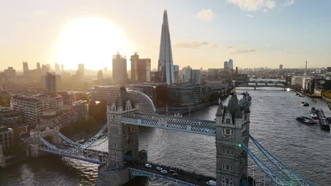 Tower Bridge and The Shard at Sunset London Aerial View Stock Footage 346089591