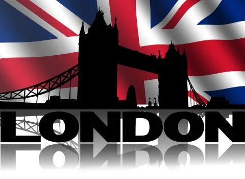 Tower bridge and text reflected with rippled british flag illustration Stock Illustration