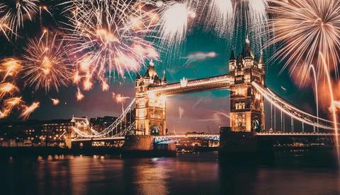 Tower bridge with firework, New Year in London, UK Stock Photos