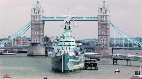 Tower bridge with HMS Belfast Stock Footage 63150792