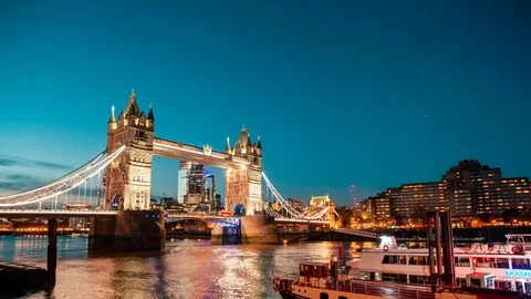 Tower Bridge Lift Open Time Lapse Day To Night Boat Passing Under It At Dusk Stock Footage 100330063