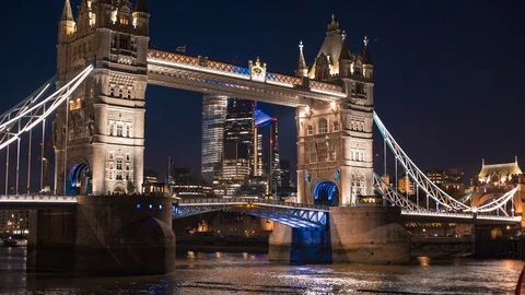 Tower bridge lifting opening on Thames river at dusk sunset Stock Footage 100327626
