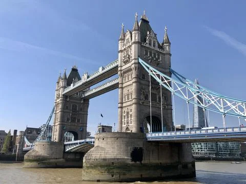 Tower Bridge London Angled River View In Spring Sunshine Stock Photos