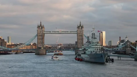 Tower bridge London background with Thames river and HMS Belfast, cinematic b Stock Footage 332376030