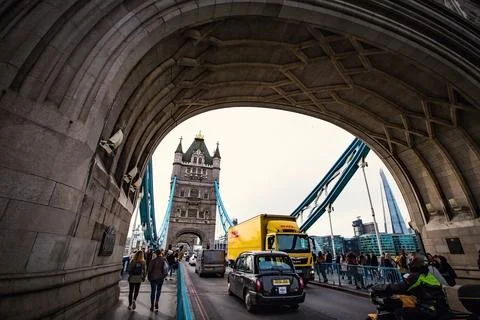 Tower Bridge in London on cloudy day, UK Stock Photos
