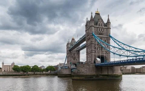 Tower Bridge in London with dramatic cloudy sky, UK Stock Photos