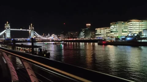 Tower Bridge London Night View Boat Passing in the Thames River Stock Footage 301104120