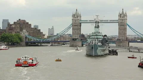 Tower Bridge London Summer, Wide HMS Belfast Stock Footage