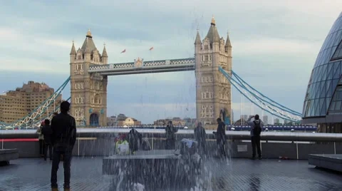 Tower bridge in London through jets of water Stock Footage 58714723