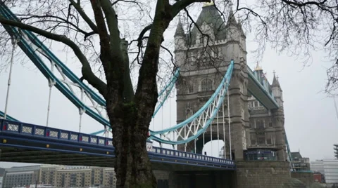 TOWER BRIDGE MEDIUM SHOT FROM BELOW AND BENEATH WITH TREE WINTER MORNING Vidéo 36073523
