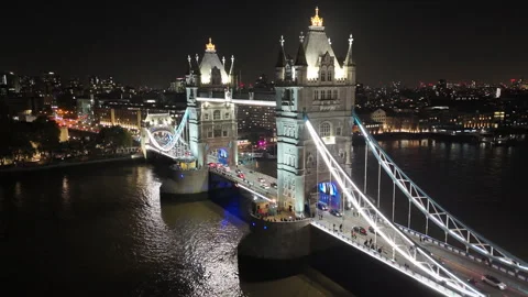 Tower Bridge Night Aerial Lights, Traffic and Full Moon Stock Footage 346092291