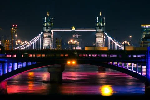 Tower Bridge in night time magic light on river Stock Photos
