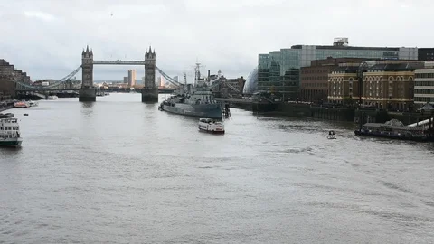 Tower Bridge is an old combined bascule and suspension bridge Stock Footage 99406877