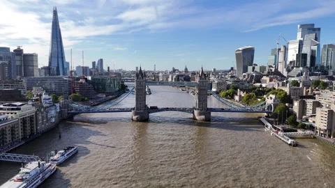 Tower Bridge River Thames and The Shard Aerial Stock Footage 346650445