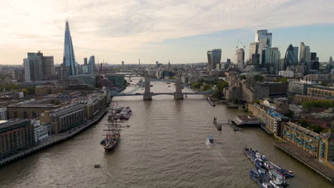Tower Bridge River Thames and Financial Skyline Aerial Stock Footage 346706673