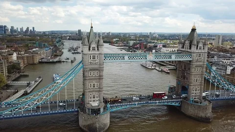Tower Bridge &amp; River Thames Drone Footage London City Skyline View Aerial Shot Stock Footage 112031367