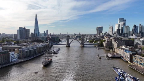 Tower Bridge River Traffic and City Skyline Aerial Stock Footage 346649310
